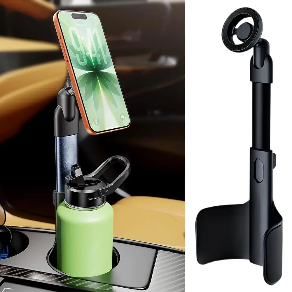 Car Cup Holder Magnetic Phone Mount Adjustable Height 360° Rotation Aluminum Alloy Cup Slot Cell Phone Holder Car Interior