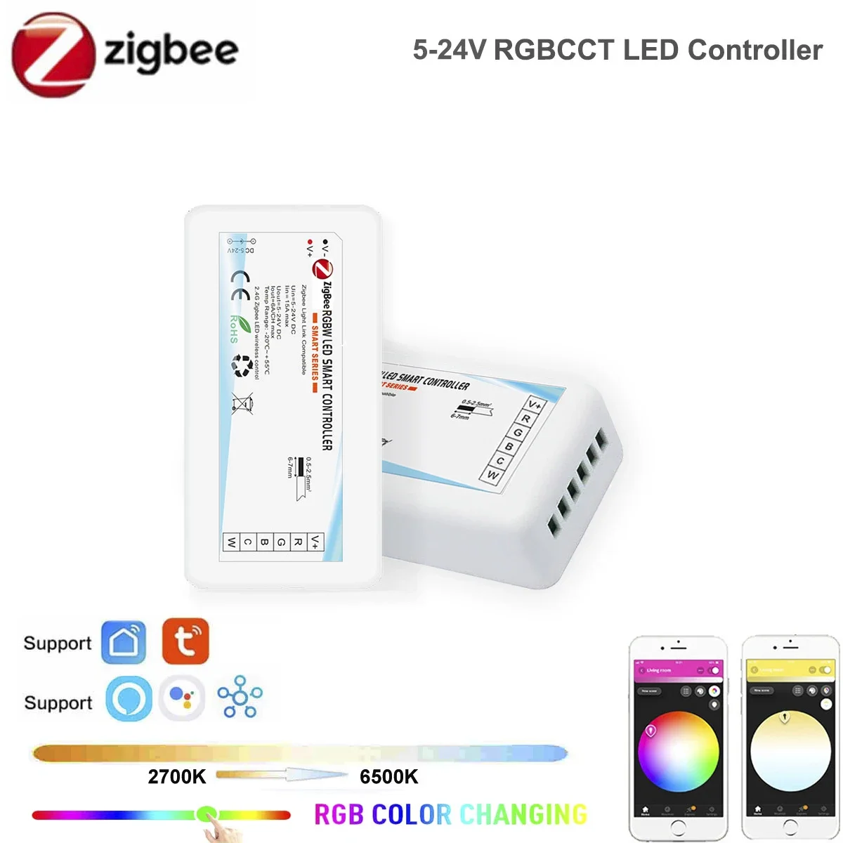 DC5-24V Rgb + Cct Rgbw Rgb Cct Enkele Kleur Dimmer Zigbee 3.0 Smart Led Strip Controller Voice Met Echo Plus smartthings Tuya