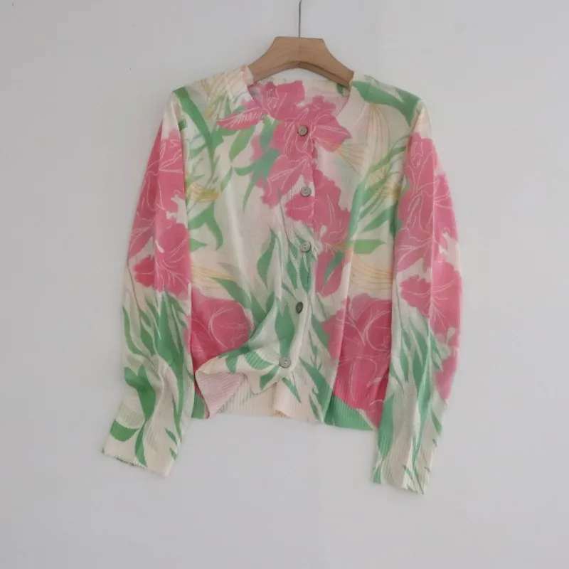 

Faionable Print Knitted Long Sve round Ne Open Cardigan Women's Summer New Arrival Breathable Lightweight Versatile Top
