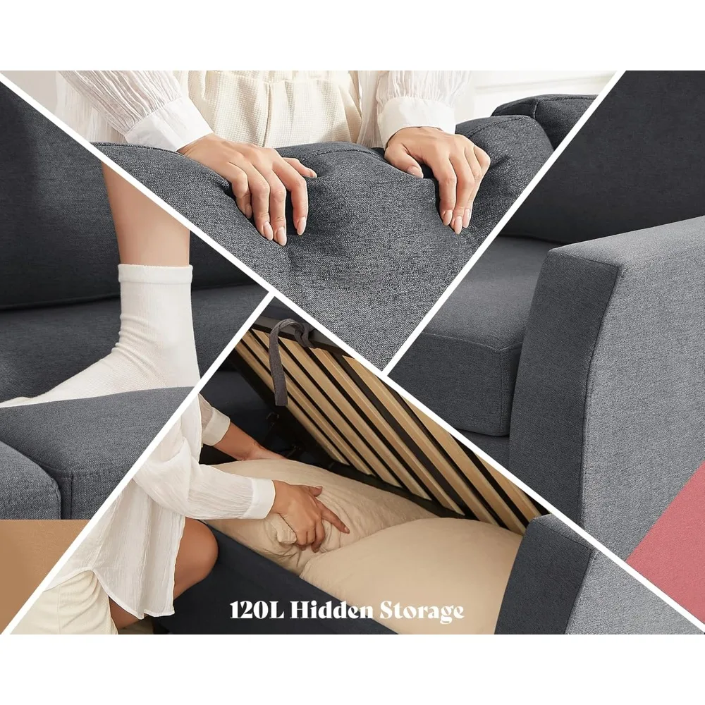 Sofá-cama, sofá reversível em forma de L de 85 polegadas com cama removível e assento de armazenamento, cama secional grande