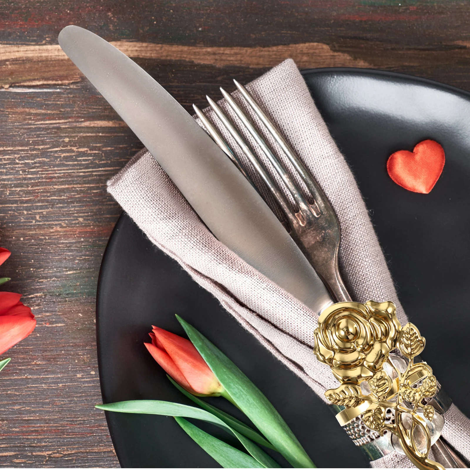 

6 Pcs Rose Napkin Rings Gold Metal Flower Holder for Wedding Dinner Banquet Valentine Party Table Decoration Dining Setting