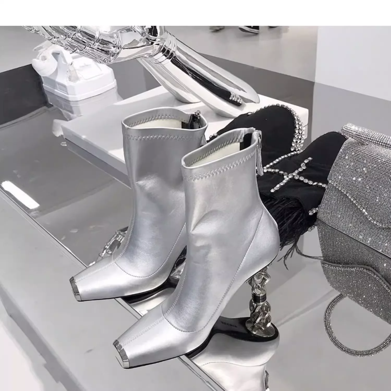 

Women's Fashion Silver Square-Toe Ankle Boots Rear Zipper Metallic Irregular Heel Leather Upper High Heel Boots