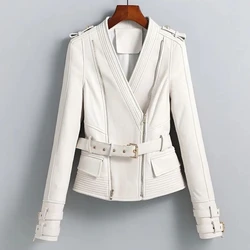 100% Real Leather Women Imported Sheepskin Jackets Fashion V-neck Diagonal Zipper Female Slim Belt Short White Lambskin Jackets