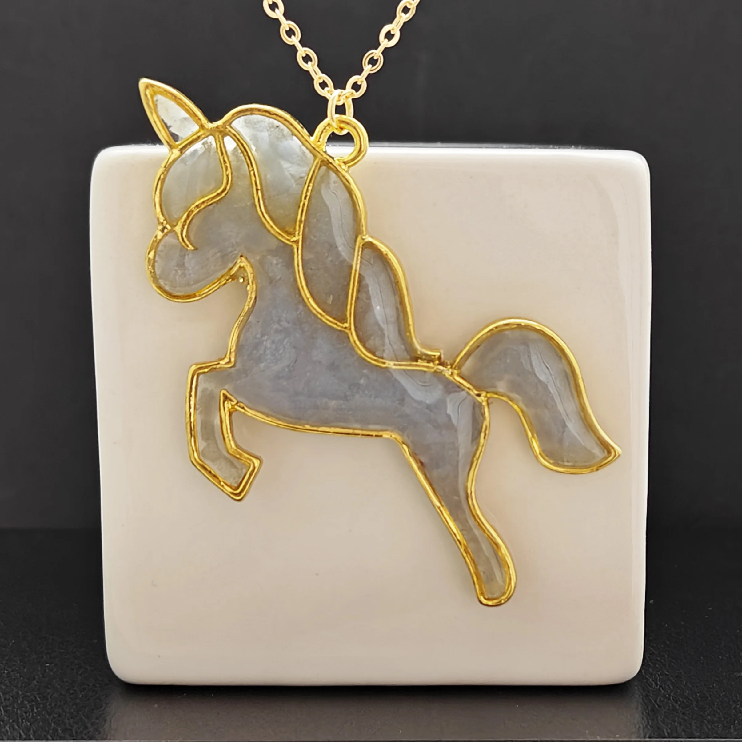Unicorn Pegasus Blue Glow in the Dark Gold Color Pendant Gold Color Chain Long Necklace Women Boho Fashion Jewelry Handmade