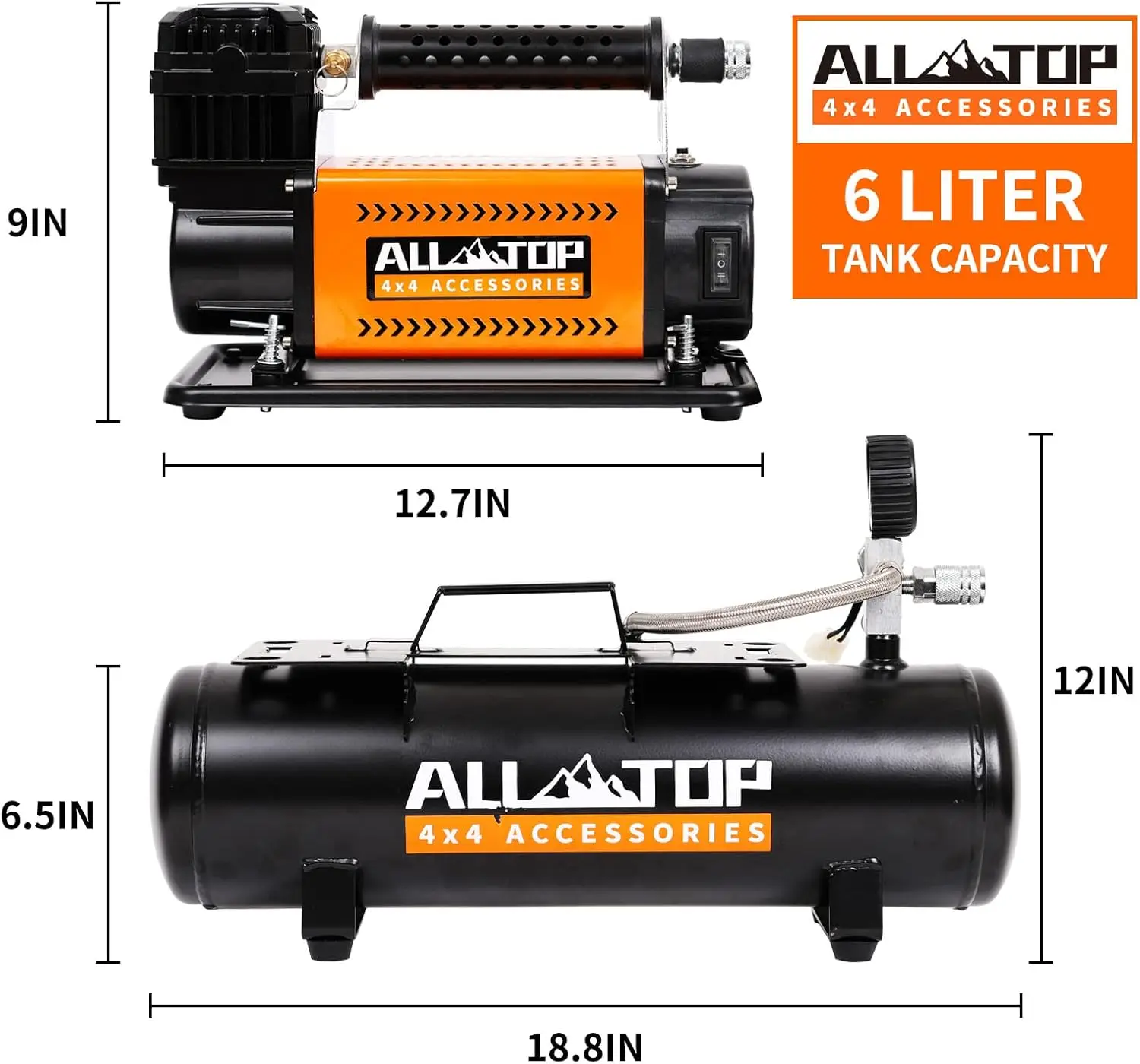 เครื่องอัดอากาศแบบ All-Top พร้อมชุดถัง 6 ลิตร, เครื่องเติมลมแบบพกพา 12V และถังเหล็กไร้น้ํามัน 6 ลิตร, เครื่องอัดอากาศแบบออฟโร้ดสําหรับรถบรรทุก