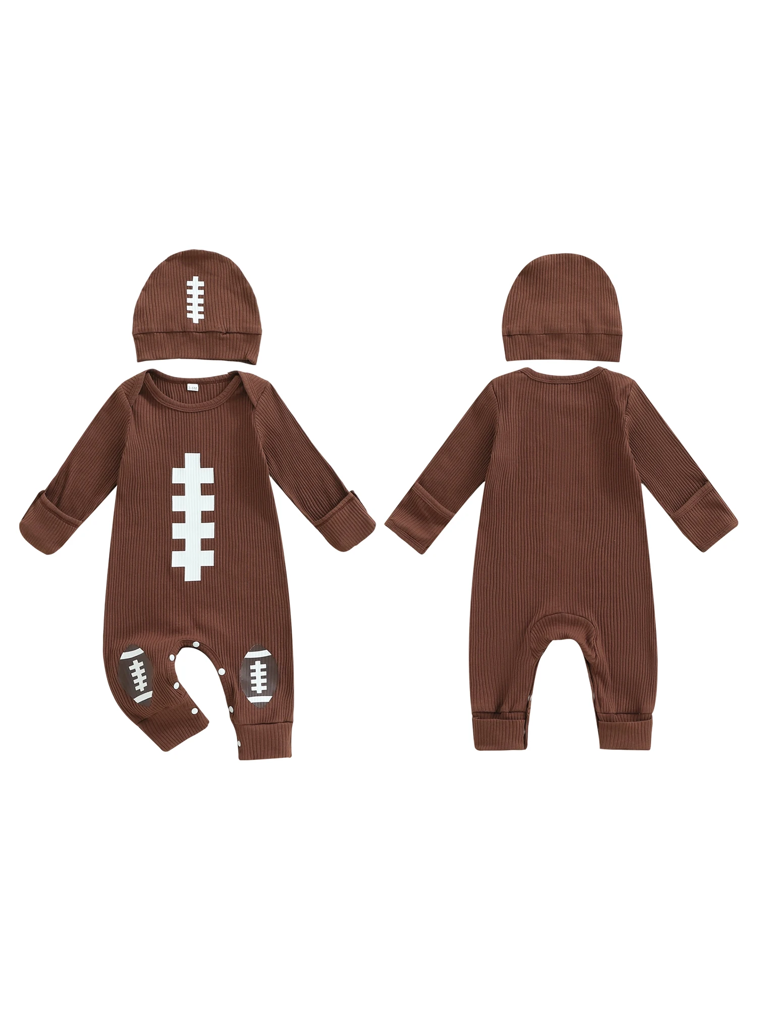 Setelan Baju Bayi 3Pcs Lengan Panjang Kerah Bulat Motif Rugby dengan Topi dan Kaos Kaki Pakaian Bayi Baru Lahir untuk Anak Laki-laki Perempuan