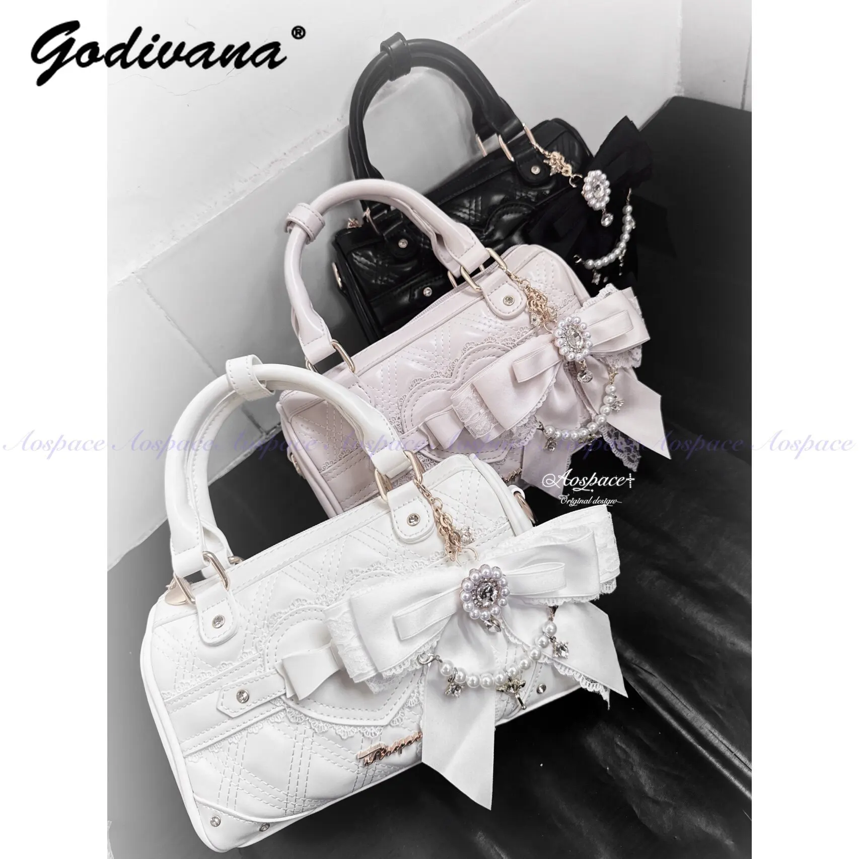 Original Design Diamond Heart Rhinestone Bows Lolita Handbags Sweet Girls Women's Small Totes Leather Crossbody Bags