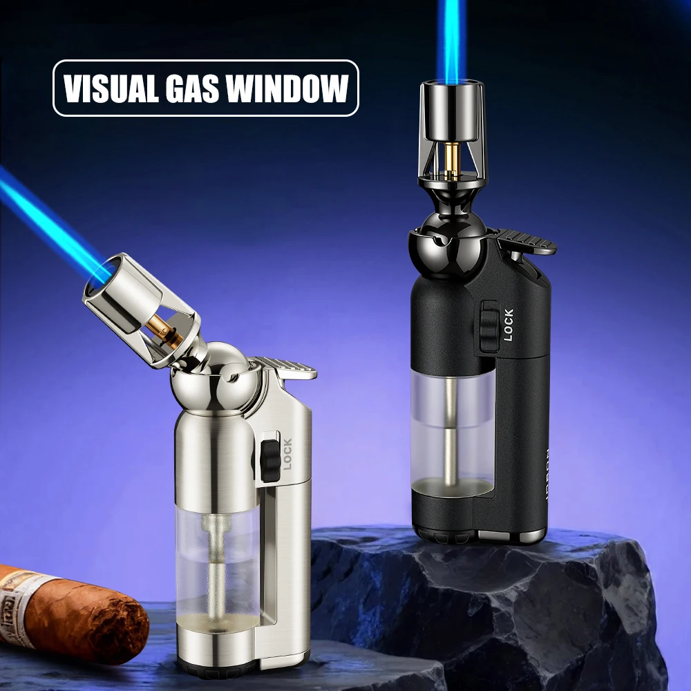 JOBON 360 ° Rotating Head Blue Flame Lighter Transparent Gas Chamber Rotating Adjustment Flame Safety Lock Design