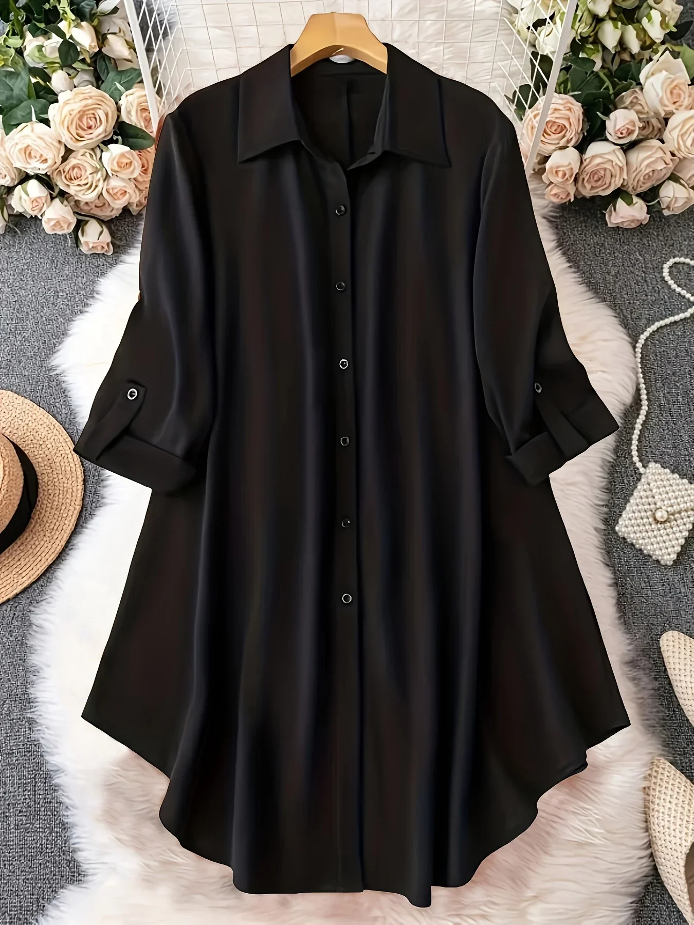 Grande taille 1XL-5XL mode femmes col rabattu manches enroulables Blouse dames boutonné décontracté Chic couleur unie chemise haute