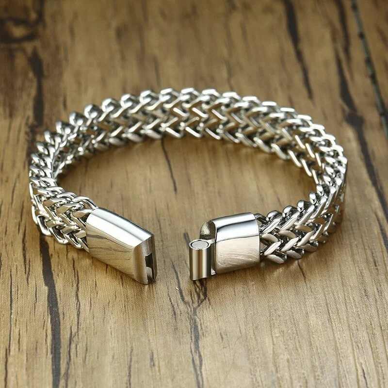 12mm Stainless Steel Men's Silver Color One Chain Double Rows Wristband Magnetic Clasp Bracelet