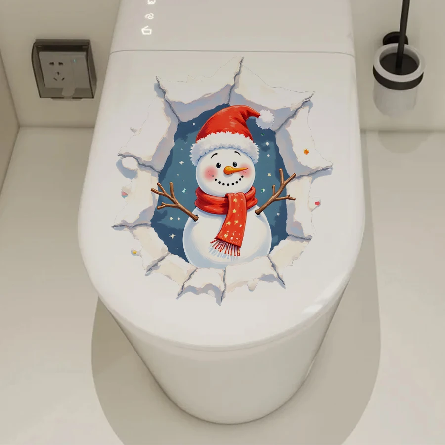 Charming Hole Effect Snowman Toilet Decals - Removable PVC Santa Hat & Red Scarf, Stars For Home Cafe Homestay Decor