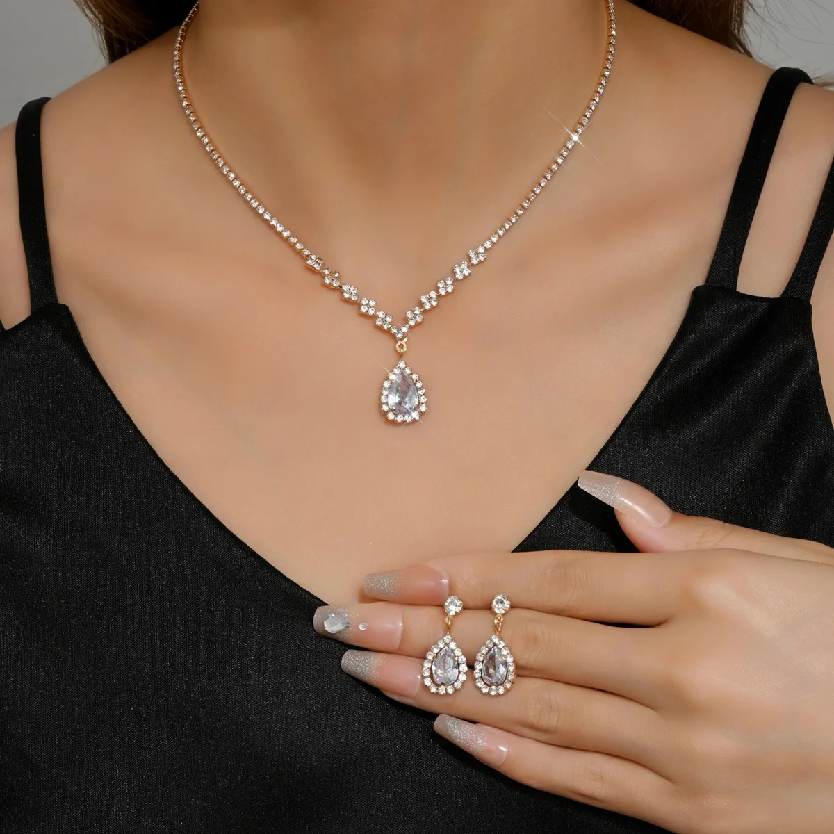 3PC Women\'s Fashion Trend Copper Claw Chain Series Water Drop Necklace Earrings Jewelry Set Wedding Banquet Party Holiday Gift
