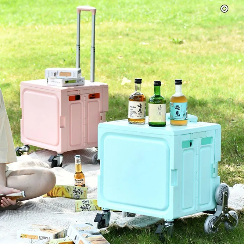 Folding Home Use Grocery Shopping Cart Portable Market 접이식 카트 Storage Box Cart with Stair Climbing Wheels Pull Rod Driver 트롤리