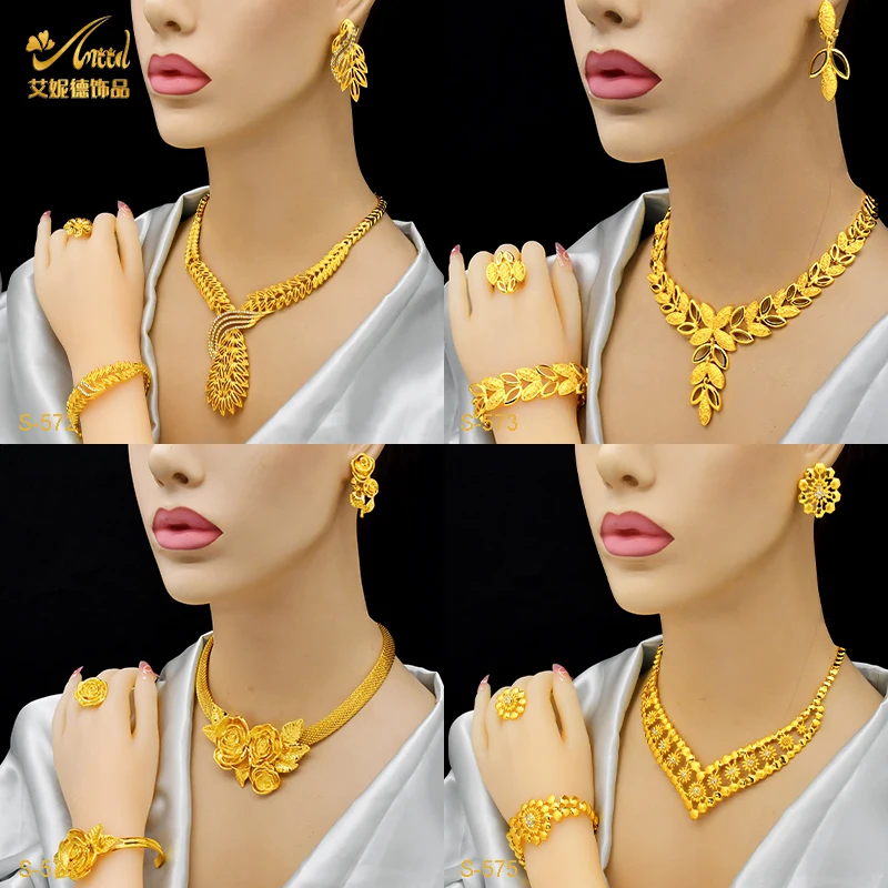 

Luxury Indian Necklace Jewelry Sets For Women Dubai 24K Gold Color African Arabic Wedding Bridal Sets Earring Jewellery Gifts