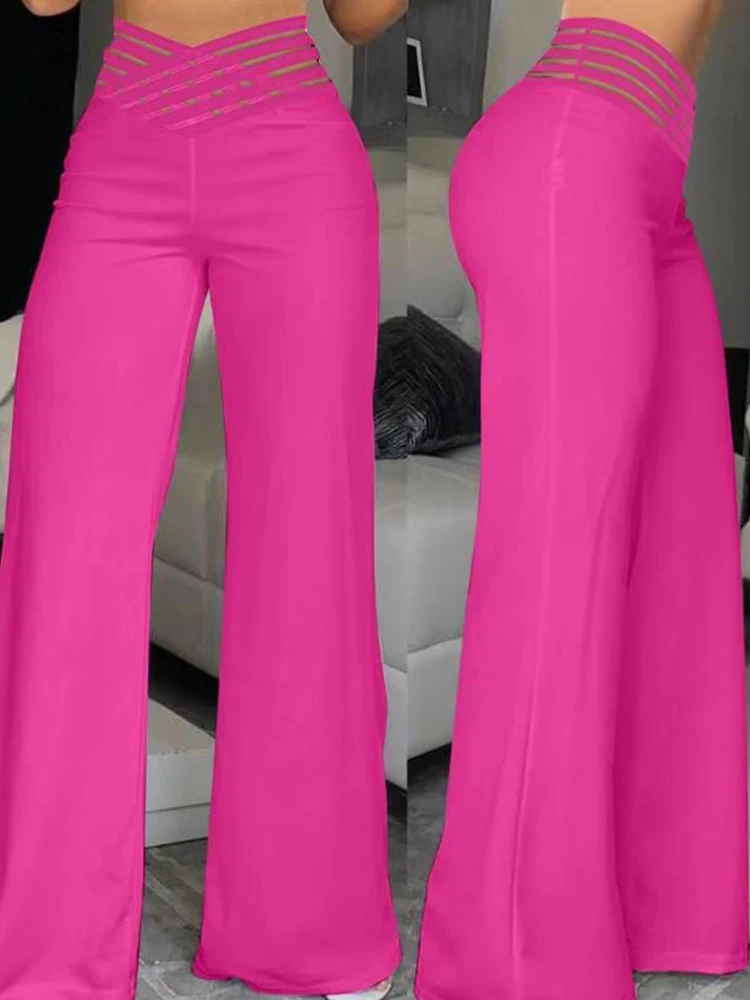 Wide Leg Y2k High Waist Pants Sexy Crisscross Sheer Mesh Office Chic Flared Trousers Spicy Kpop Street Casual Korean Female Pant