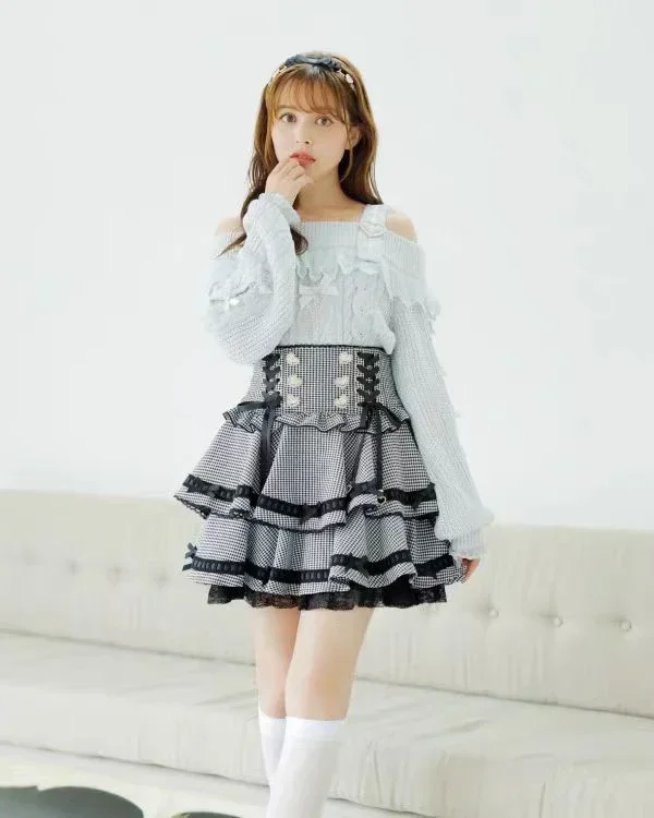 Japanese Mine Liz Sweet Girls Plaid Skirt Women\'s High Waist Bow Lace Strap Skirt Women\'s Loose Bear Print Sweater Top Spring