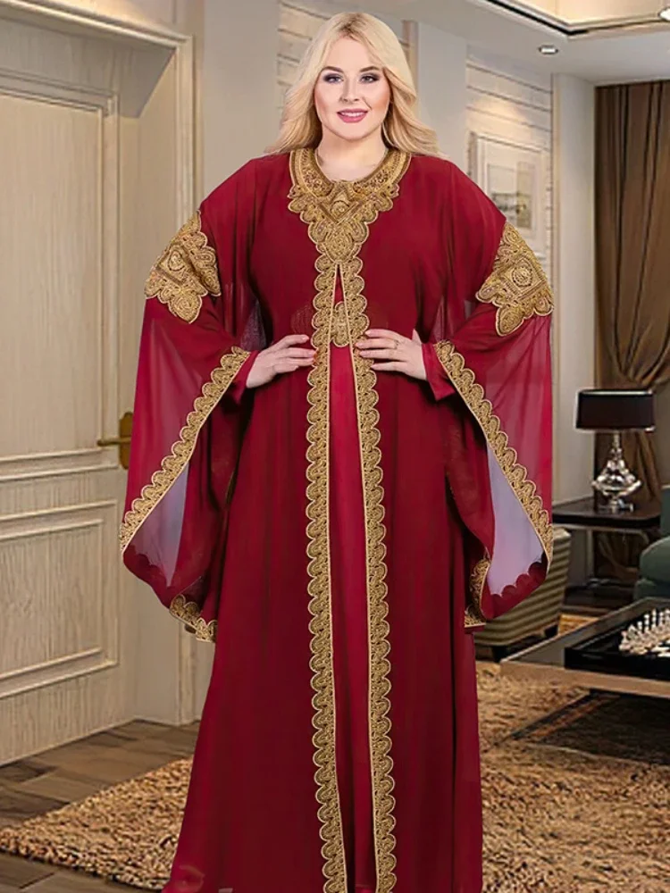 Vestidos de festa femininos com 2 peças, caftan muçulmano abaya, túnica com mangas Eid Flare, vestido bordado com renda dourada, Ramadan