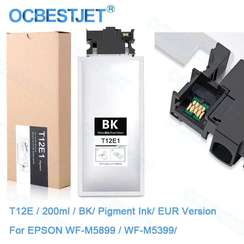 

Europe T12 T12E T12E1 Ink Bag Ink Cartridge With Pigment Ink One Time Chip For Epson WorkForce Pro WF-M5899 WF-M5399 200ML Ink