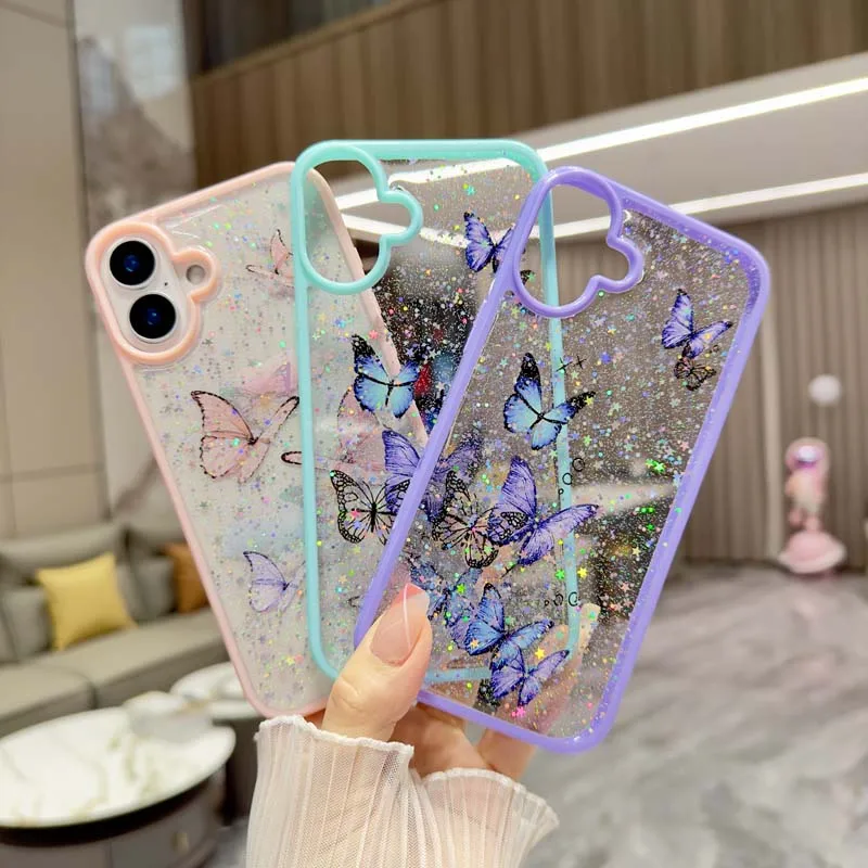Cartoon Glitter Butterfly Laser Case dla Samsung Galaxy S24 FE Ultra S23 Plus FE A55 A16 A15 Epoxy Soft Transparent Cover Caque