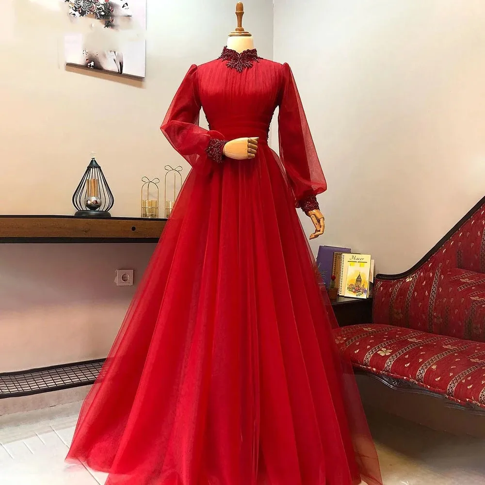 Customized Muslim Red Evening Gowns High Neck Long Sleeves Elegant Night Party Gowns Israel Beads Arabic Moroccan Robe 2023