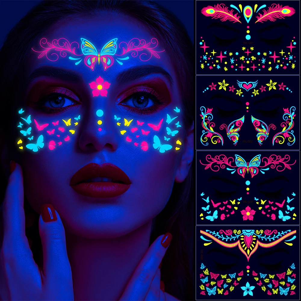 1Pc UV Neon Butterfly Flower Face Tattoo Stickers 14*15cm Waterproof Fluorescent Body Sticker for Club Party Makeup Face Sticker