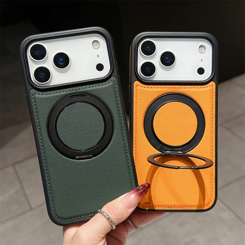 

Высочайшее качество 360° ° Вращающийся металлический кольцевой держатель, чехол для телефона из искусственной кожи для iPhone 17, 12, 13, 14, 15 Pro Max 16E, магнитные противоударные чехлы