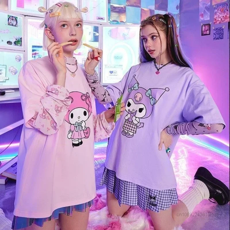 Sanrio Melody Kuromi Short Sleeve T-shirts Y2k Harajuku Japan Style Cute Tops Cartoon Print Student Tees Women Summer Clothes