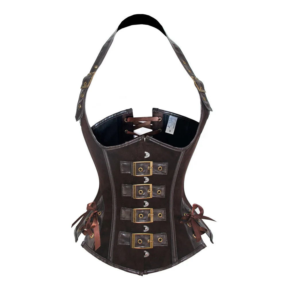 Brown PU Leather Corsets for Women Halter Tops Straps Underbust Corset  Gothic Steampunk Corset