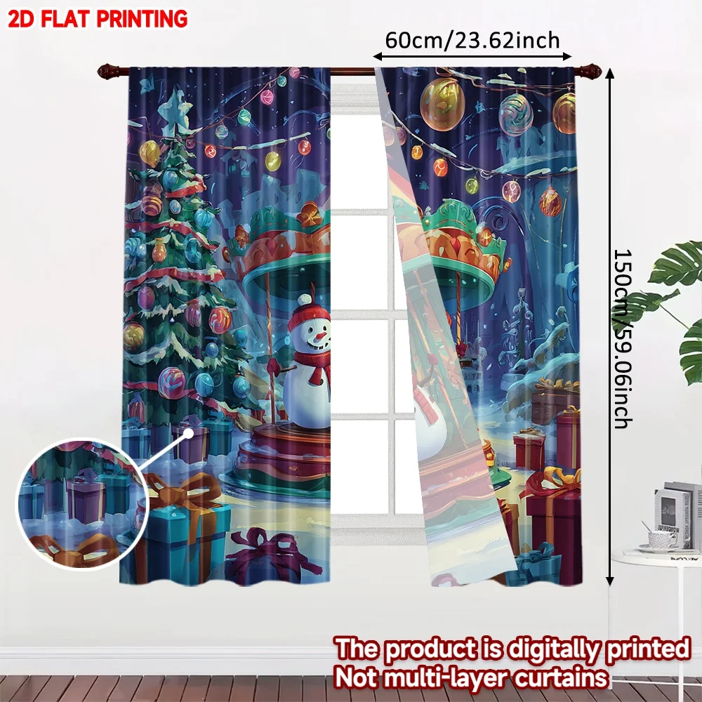 2pcs Christmas Snowman Carousel Curtains Festive Snowmen on Merry-Go-Round with Tree Gifts for Holiday Living Room