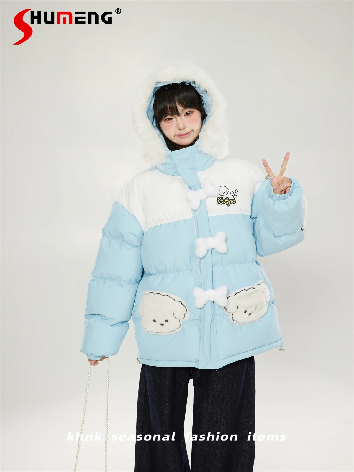 

Japanese Sweet Kawaii Cotton Quilted Coats Cartoon Embroidery Furry Spliced Hooded Casual Thick Warm Jackets for Women Winter