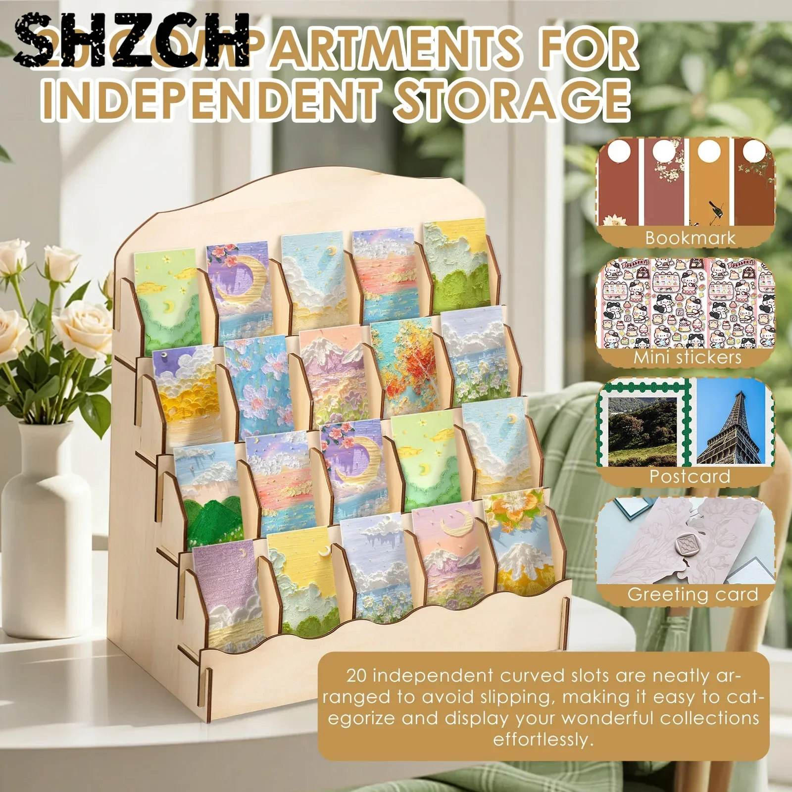 Wood Greeting Card Display Stand 20 Compartments Bookmark Brochure Holder for Magazines Books Journals Desktop Storage