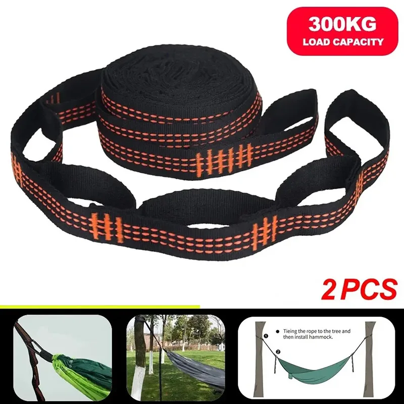 Image of 2 Stück Hängemattengurte, speziell verstärkte Polyestergurte, 5 Ringe, hochbelastbar, mit Widerhaken, schwarz, Outdoor-Camping-Hängemattengurte