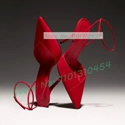 Red Suede Splicing Pointed Toe Sandals Women Classy Ankle Strap Casual High Heels Sandals Female V-shaped Upper Party Shoes