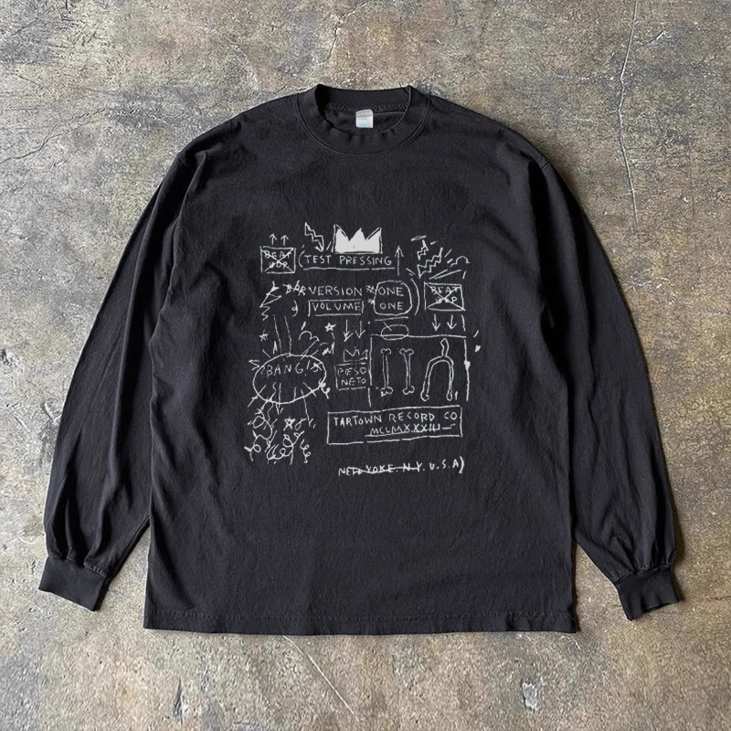 Hand-Painted Oversize Street Style Pure Cotton Long Sleeve T-Shirt Classic Beat Bop Illustration Print Artist Designed Unisex