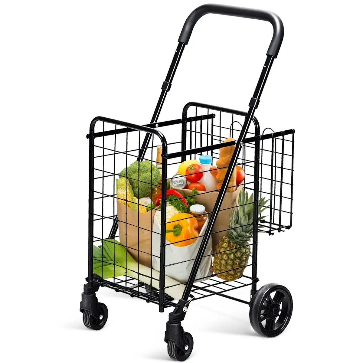 ERGOMASTER Folding Shopping Cart Portable Utility Cart Double Basket Grocery Utility Cart