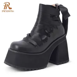 PRXDONG Top Qulaity Genuine Leather Autumn WInter Warm Ankle Boots Chunky High Heels Thick Platform Punk Black Dress Party 34-39