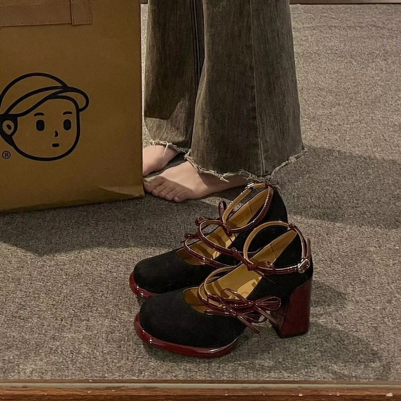 レディース-レトロ-メリージェーンシューズ-チャンキーヒール-スリッポン-履きやすい-ハイヒール-スカートと合わせて-春夏新作-ファッション-シングルシューズ
