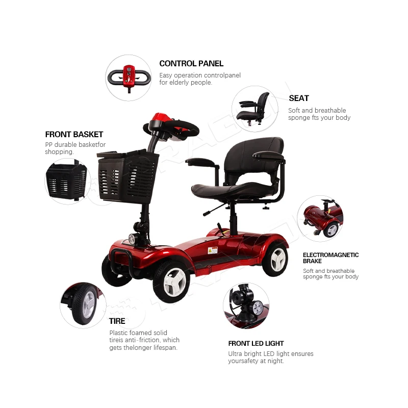 High Quality Safety Electric 4 Wheel Scooter Portable Handicapped Mobility Scooter with Basket