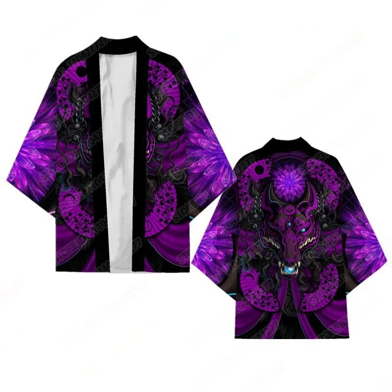 Japanischer Kimono Lila Drache Grafikdruck Cosplay Vintage Streetwear Erwachsene Traditionelle Samurai Lose Kimono Strickjacke für Männer