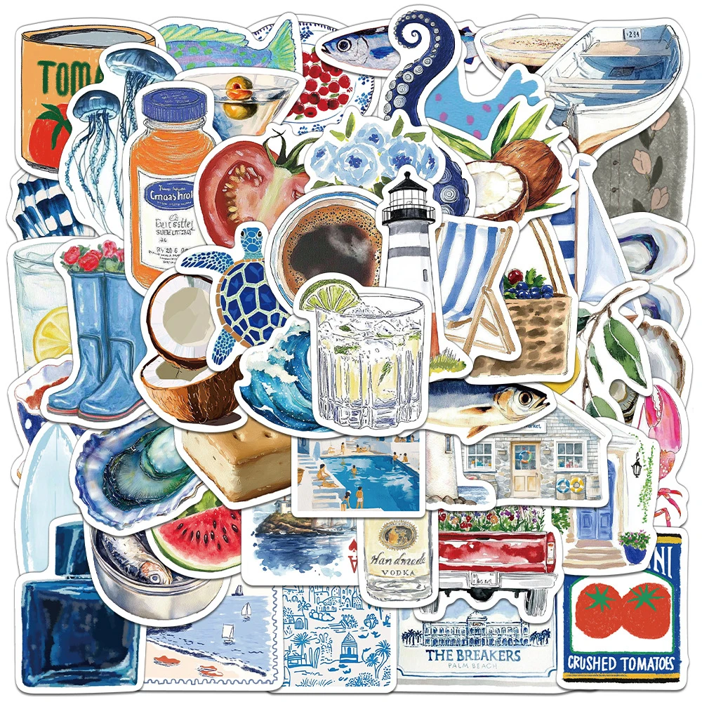 10/30/50 Stück Vintage Aquarell Cartoon Offene See Aufkleber Blaue Küstenleben Graffiti-Sticker für Koffer Auto Ästhetische DIY-Aufkleber