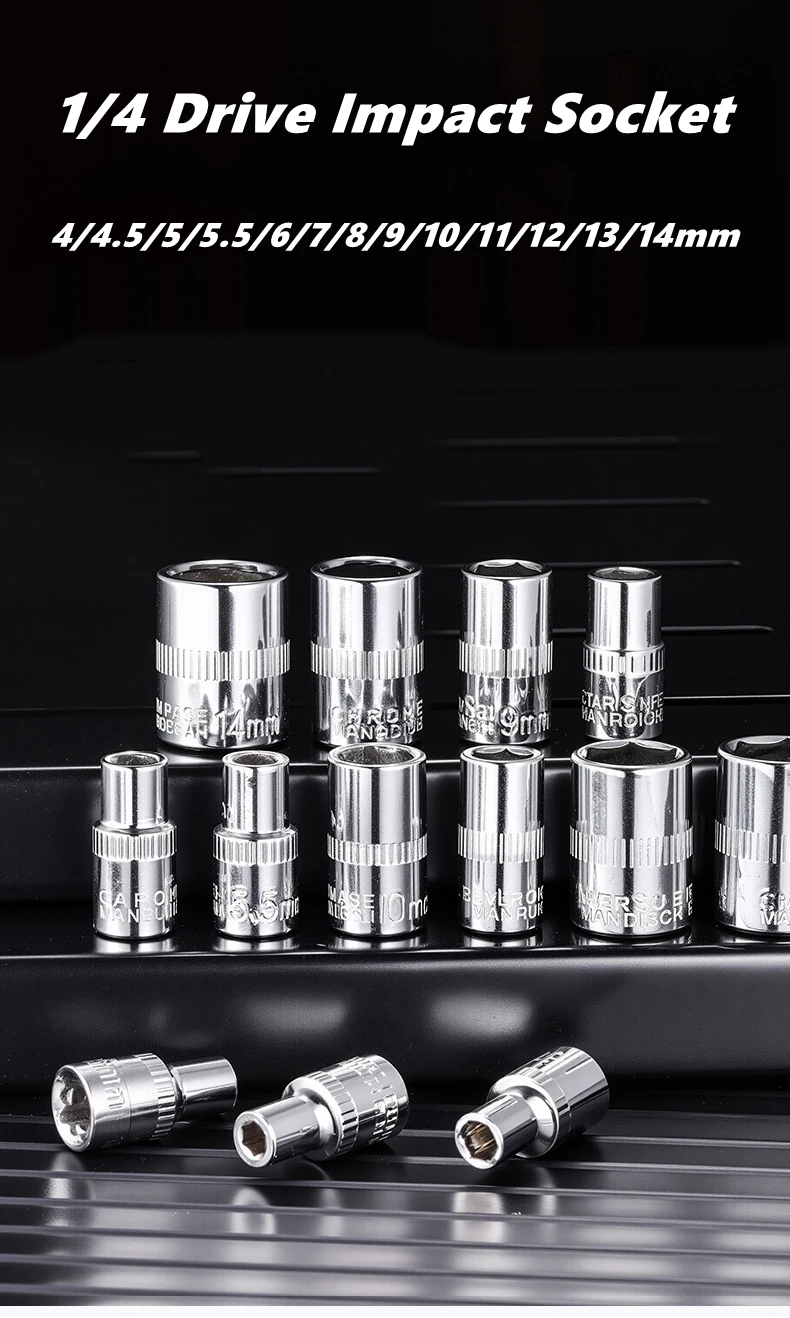 4-12mm 1/4 Drive Impact Hex Socket Short Drive Socket Set Wrench Metric Sizes CR-V for Electric Wrench Motor Truck Repair Tool