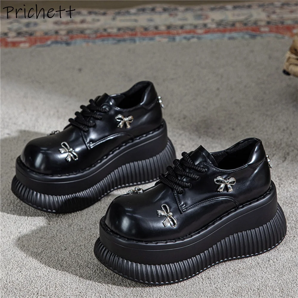 

Металлические туфли-лодочки с узлом-бабочкой на толстой подошве с перекрестной завязкой на шнуровке и круглым носком Готические туфли Женские однотонные универсальные туфли для отдыха