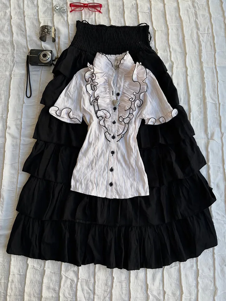

Ele White irt with Lace Trim Original Retro Design for Young Women Summer 2025 Cotton Blend Comfortable ort Sve