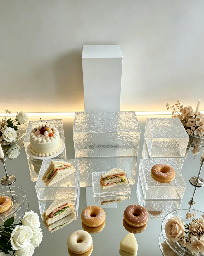 7pcs Metal Dessert Stand for Wedding Banquet Dim Sum Cold Buffet Tableware and Clear Acrylic Display Holder for Party Decoration