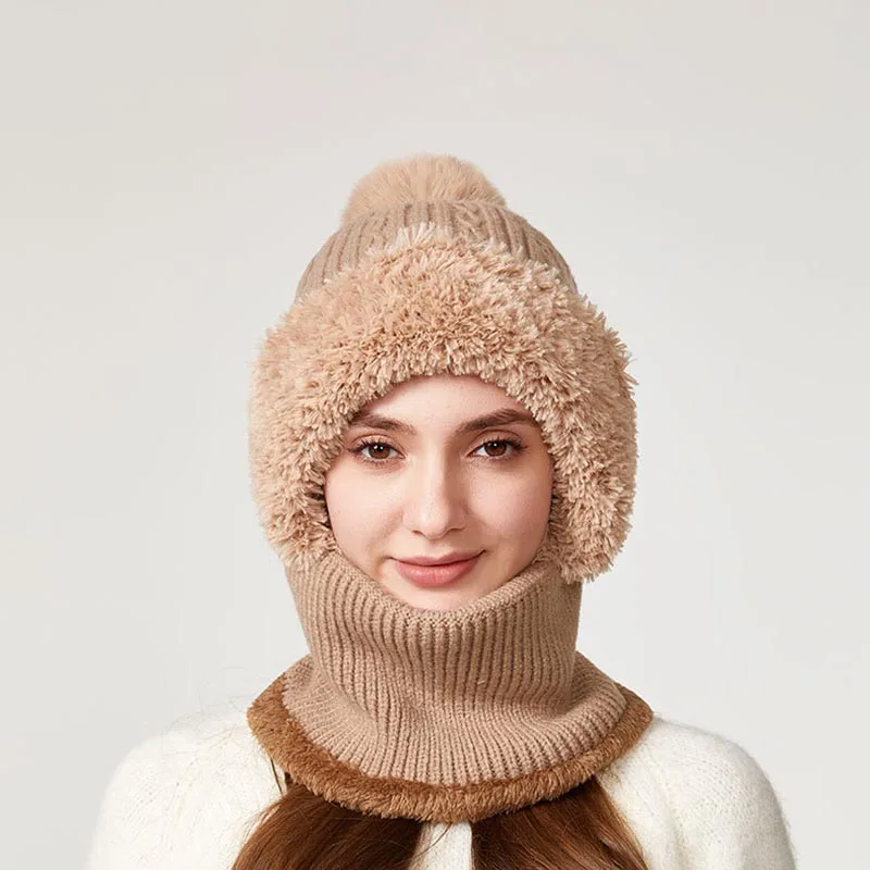 หมวกไหมพรมถักสีพื้นแบบยืดหยุ่นสูง ผ้าพันคอ หน้ากาก หมวกแบบชิ้นเดียว สีกากี สำหรับผู้หญิง ฤดูหนาว ปั่นจักรยาน กันลม สีชมพู หมวกอุ่น ขายส่ง