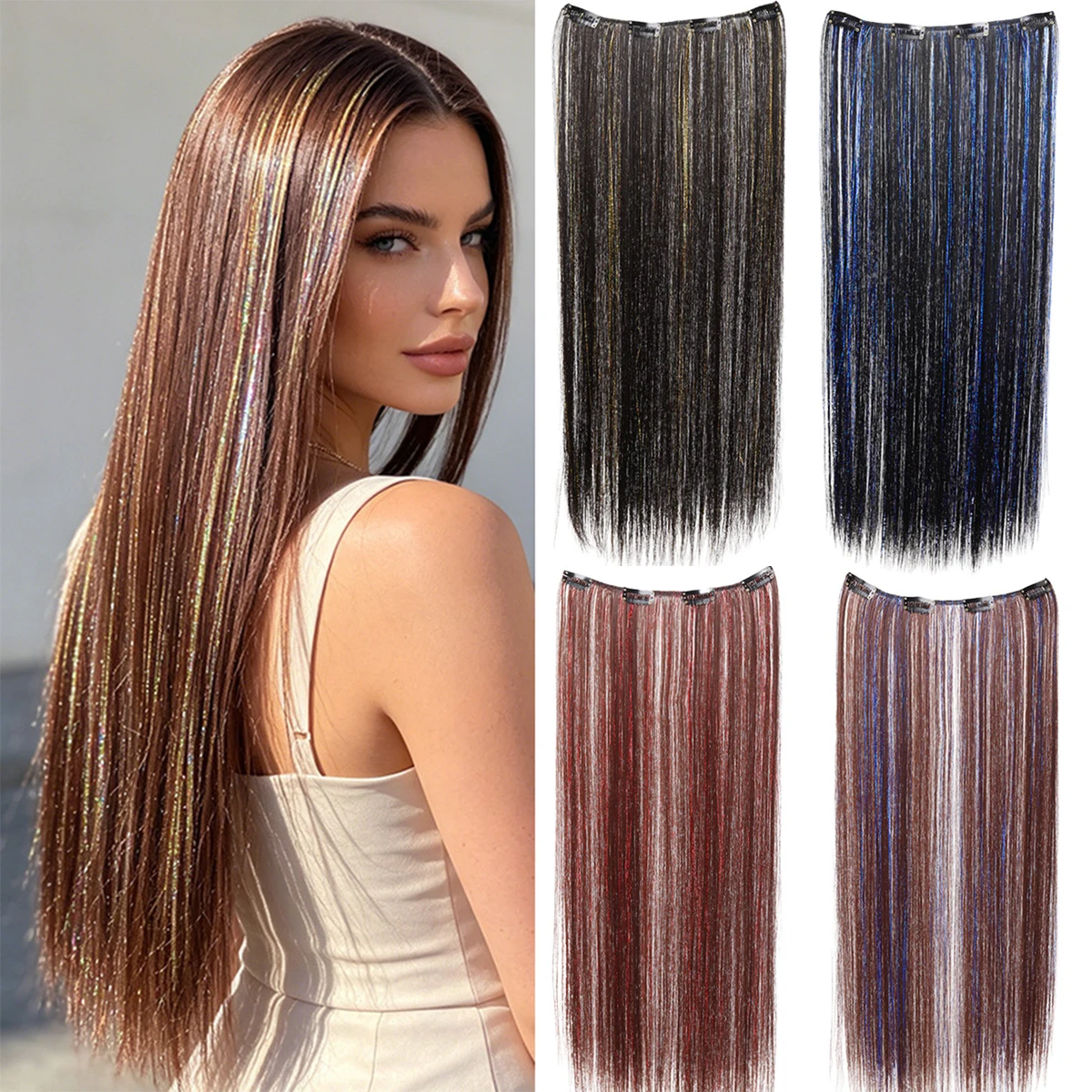 Glitter Tinsel Clip In Hair Extensions Synthetic Sparkly Hair Tinsel Strands Shiny Metallic Highlight For Women Party Festival