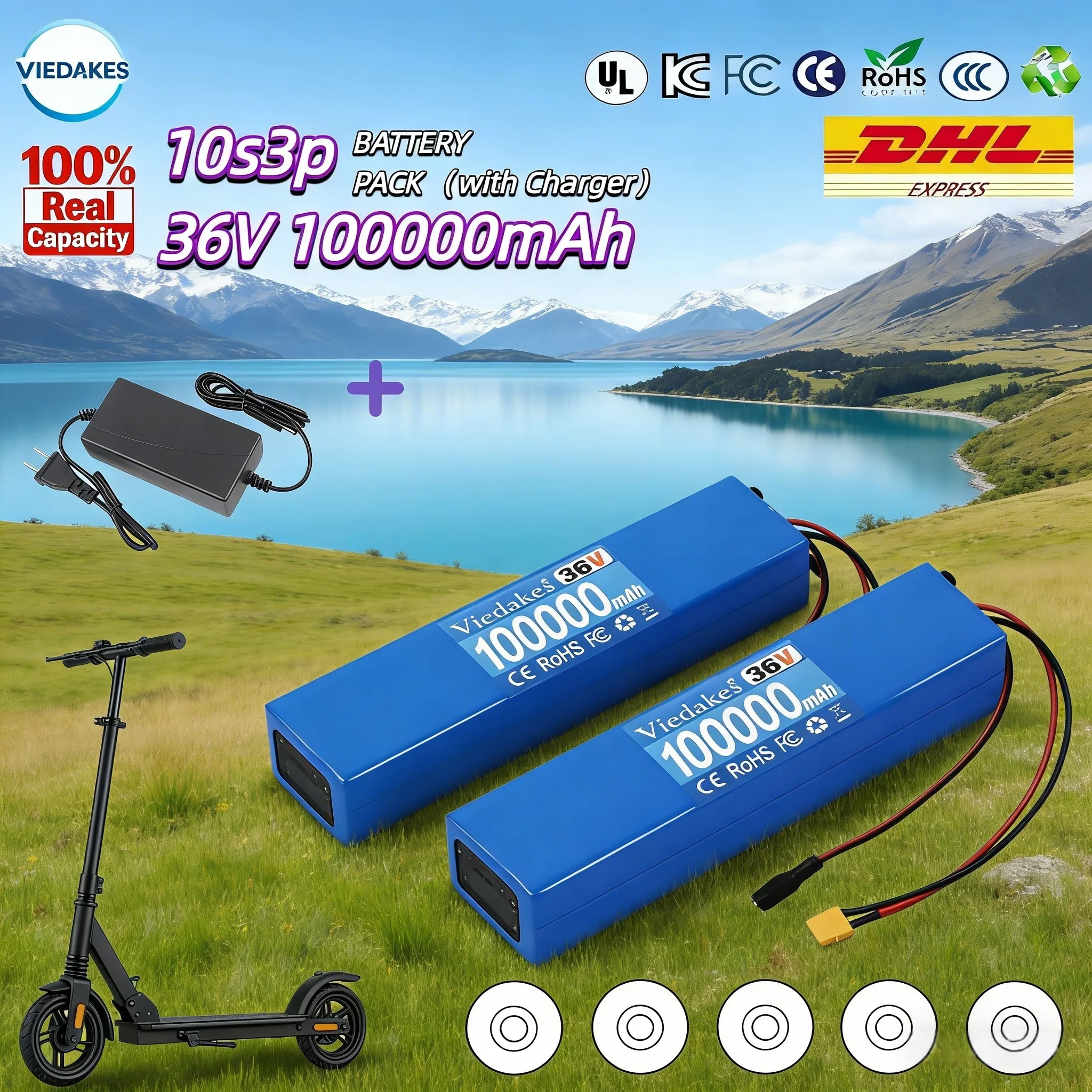 

10S3P 36V 100A Rechargeable Lithium Battery Pack Built-in BMS with Charger for M365 Electric Scooter 18650 Fast Charging