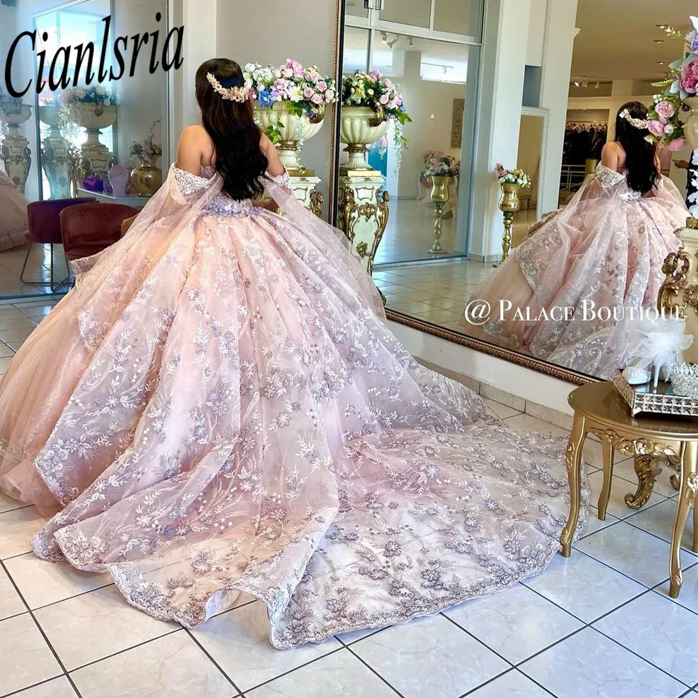 Pink Sweetheart Quinceanera Dresses For 15 Party Fashion Detachable Sleeves Applique Formal Birthday Princess Gowns