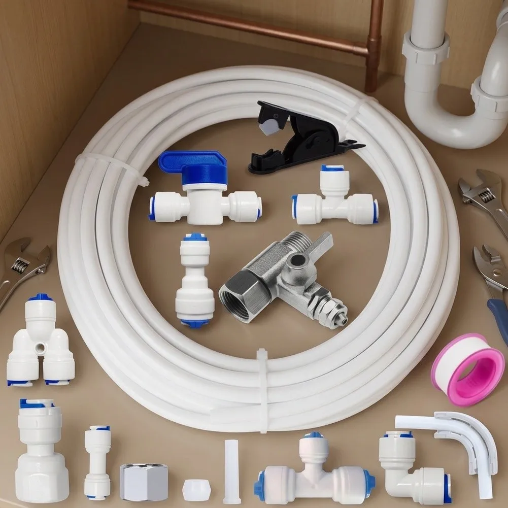 2Pcs Quick Connect Fittings Kit 5/16 Inch Water Tube Set With Angle Stop Valve For Reverse Osmosis Filter Ice Maker Plumbing