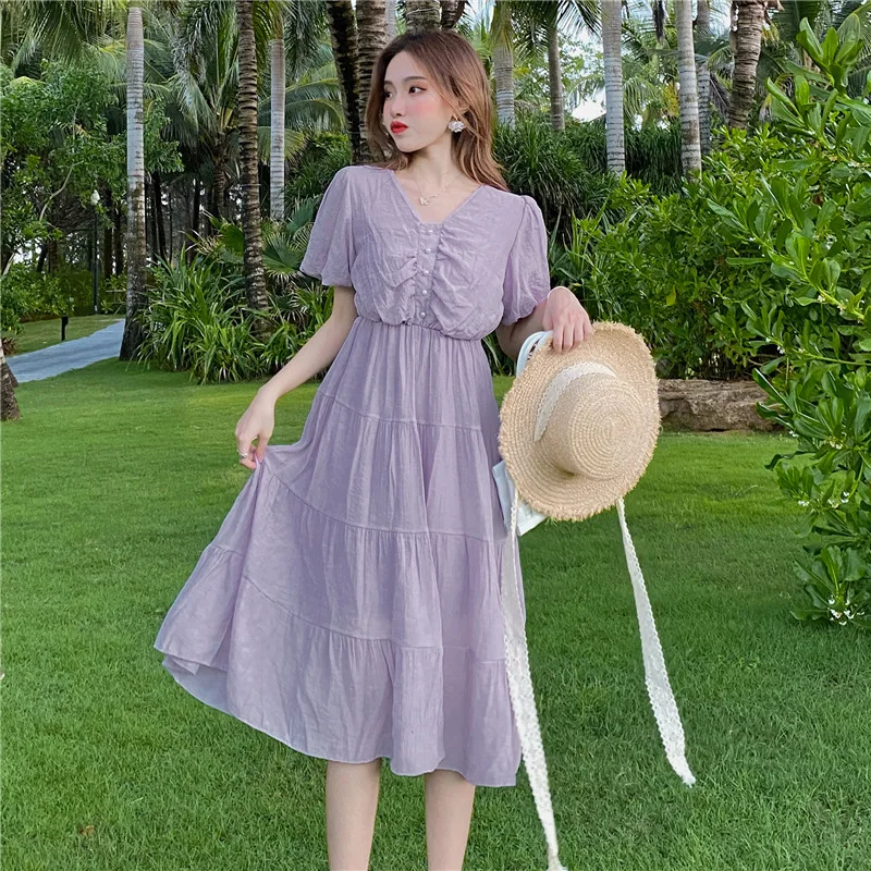 ฤดูร้อนชุดยาวผู้หญิง Boho สีส้มหลวมๆแขนสั้น V คอชุดสุภาพสตรี Ruched Dresses Vestidos